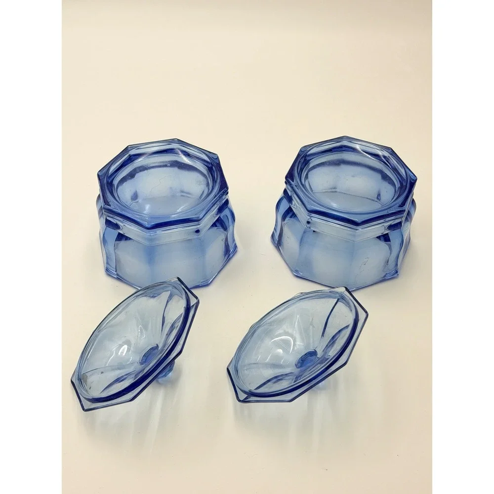 Vintage Indiana Glass Blue Glass Octagon Candy Dishes Set Lot of 2 Paneled Jars